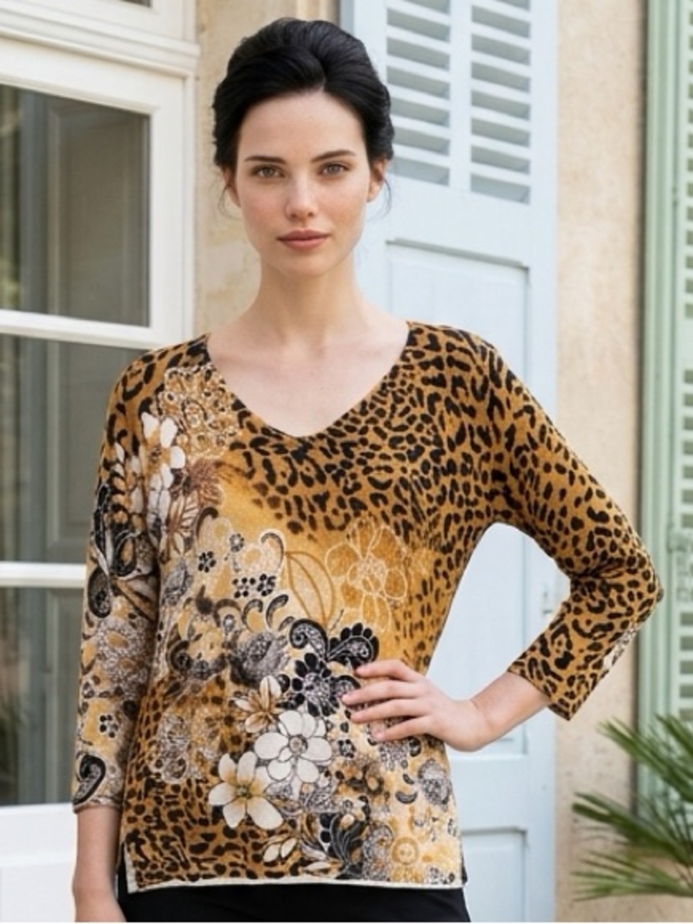 Kaktus Women’s Leopard Floral Top Women’s Small Boho Stretch V-Neck 3/4 Sleeve
